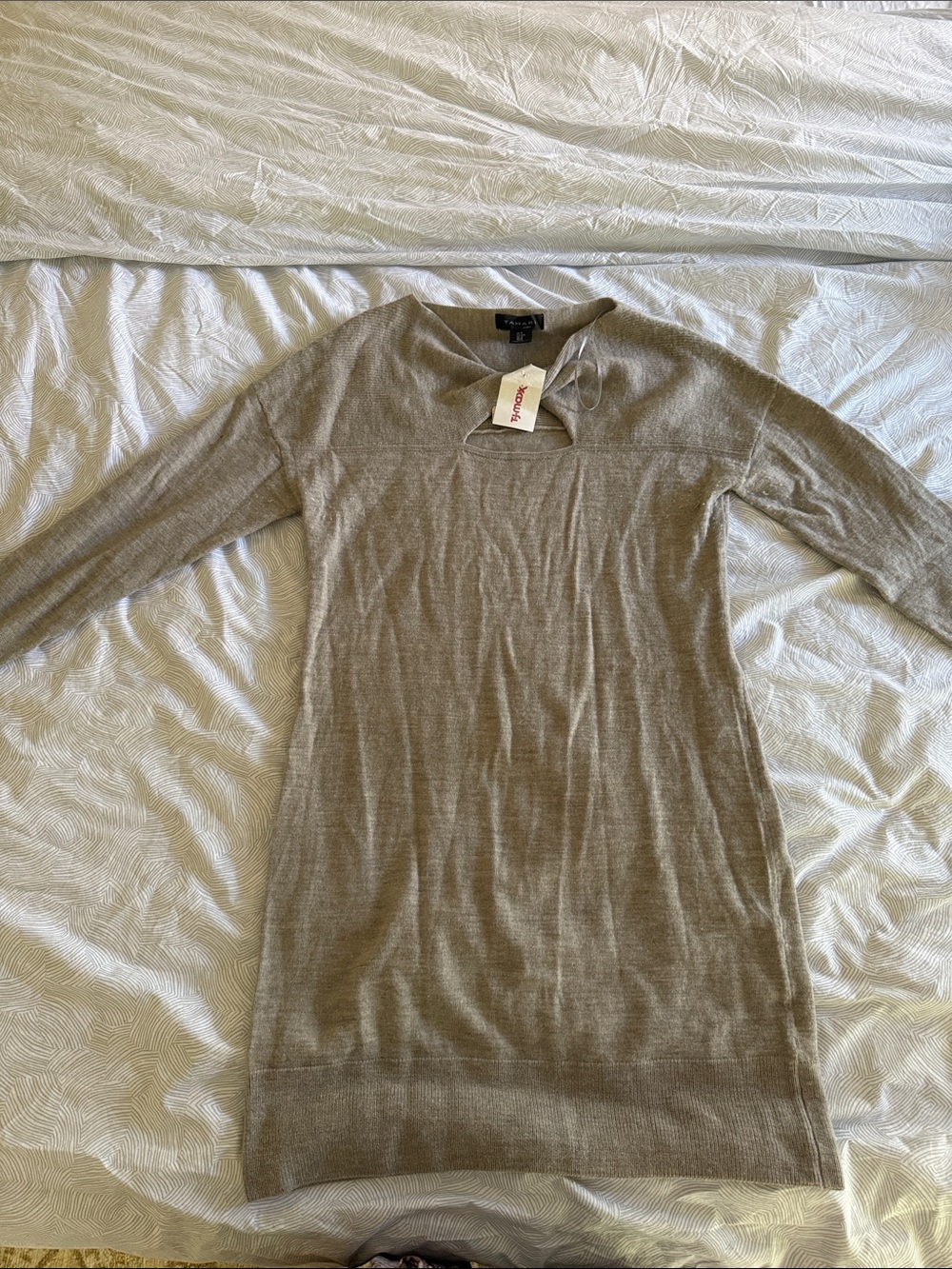 Tahari Taupe Crewneck Sweater Dress 100 percent wool